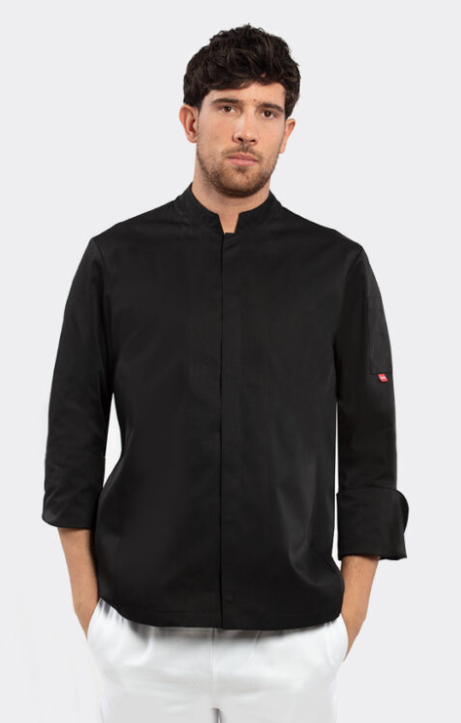Kochjacke TOMA - polycotton - schwarz, lange Ärmel_auf der figur
