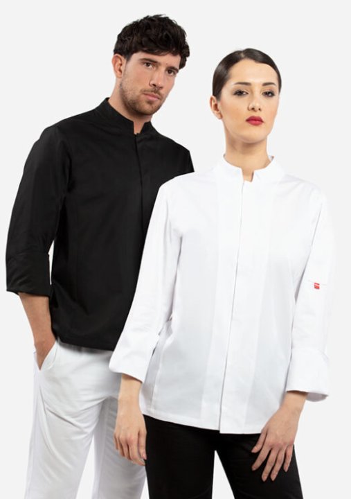 Kochjacke TOMA - polycotton - schwarz, lange Ärmel_auf die Charaktere